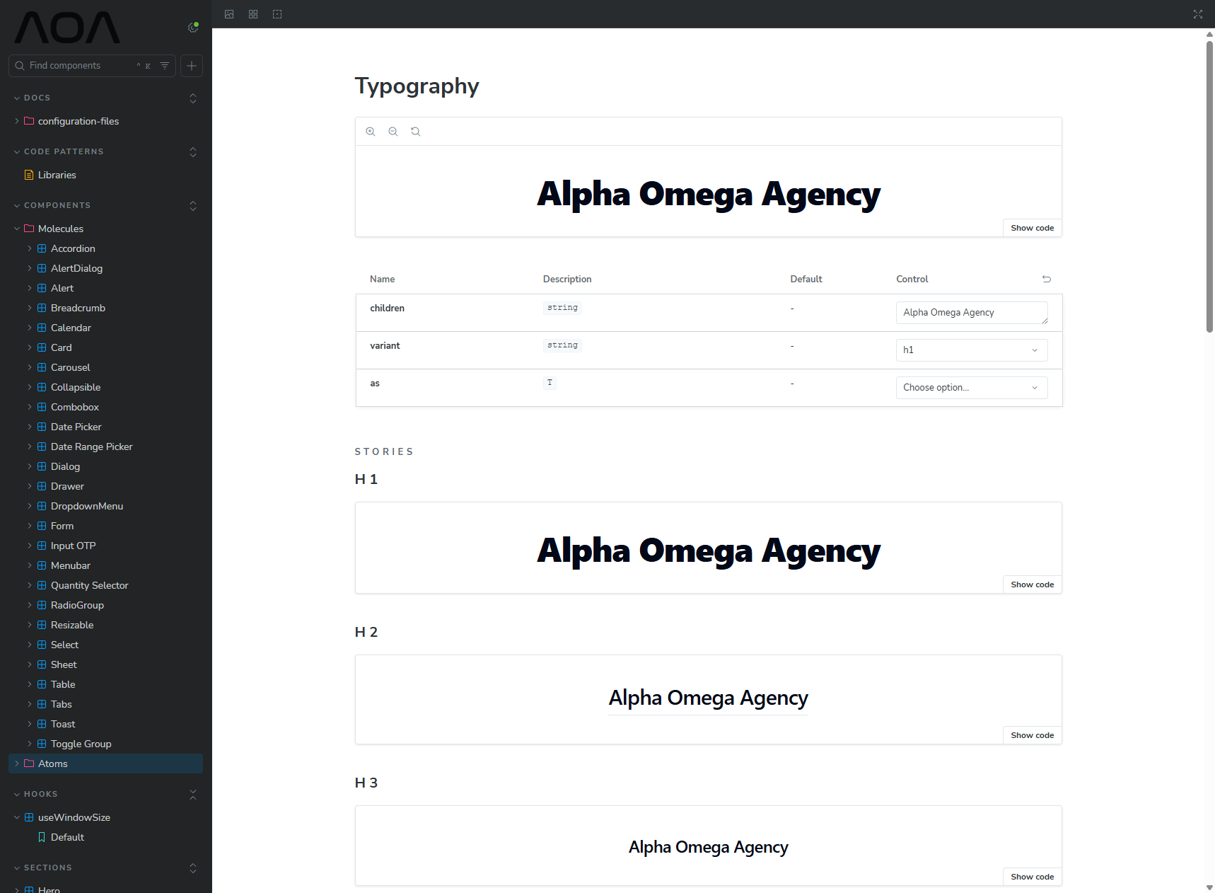 AOA Design System in Storybook, showing the component catalog, typography examples, and controls for content, heading variant, and rendered element.