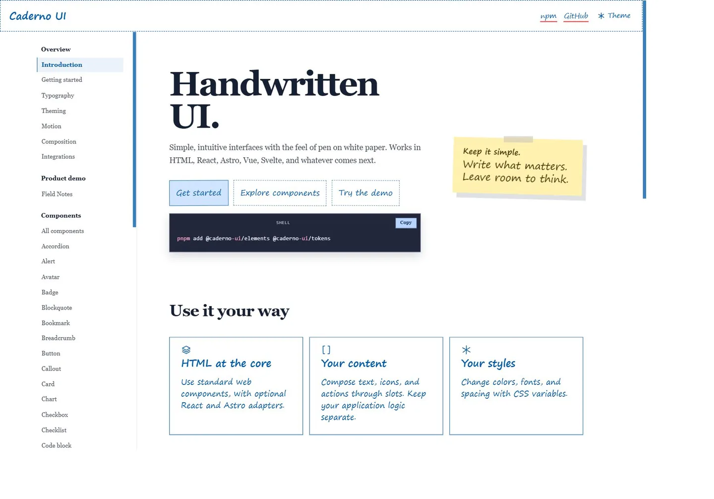 Caderno UI documentation with handwritten typography, a note, installation instructions, and component examples.