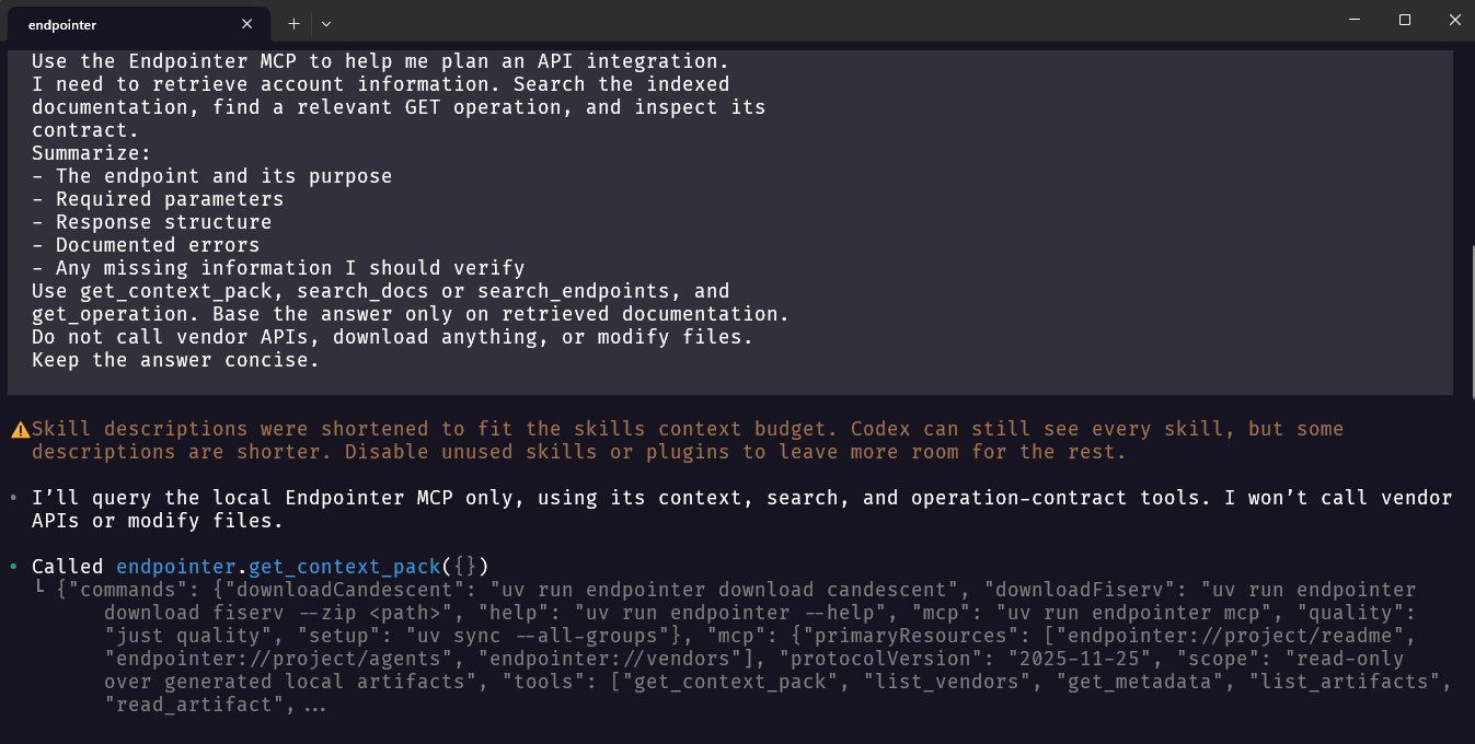 Terminal prompt requesting API integration guidance and the Endpointer MCP context response.
