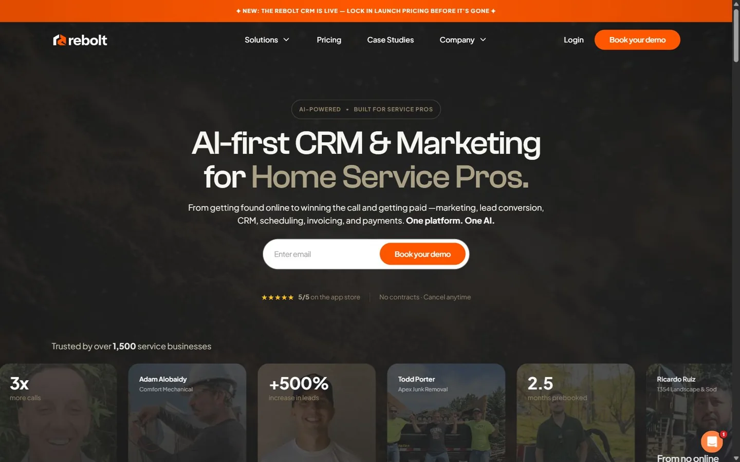 Rebolt homepage with orange navigation accents and a headline presenting AI-first CRM and marketing for home service professionals.