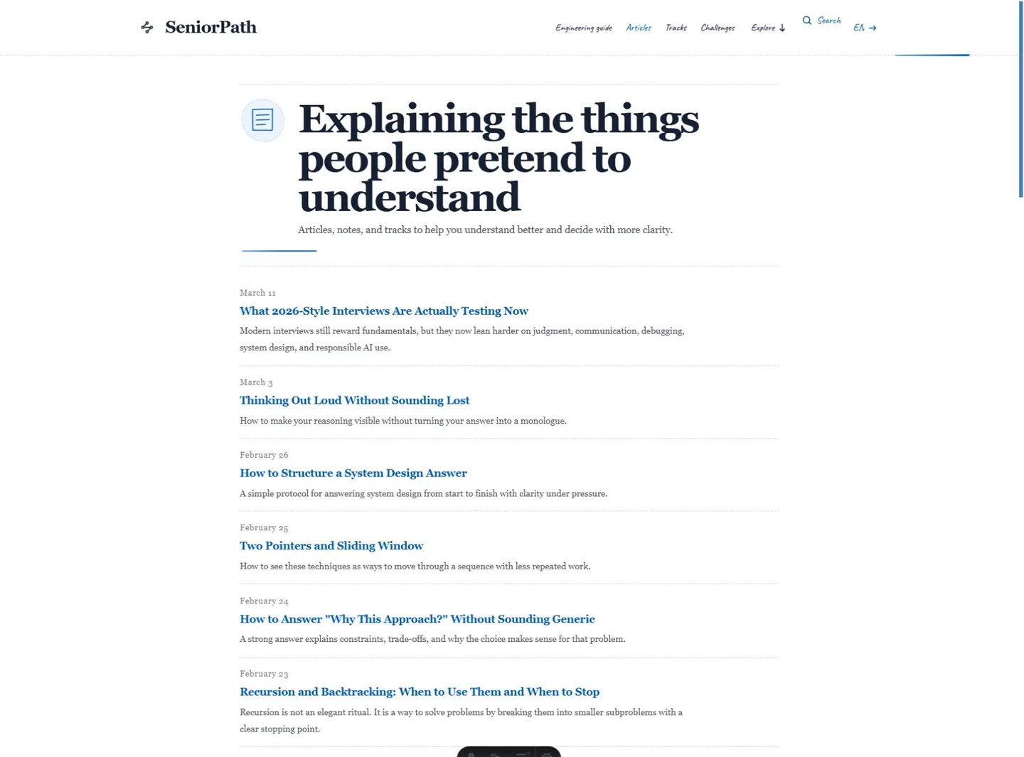 SeniorPath article index with notebook-inspired navigation, a prominent introduction, and a chronological list of engineering articles.