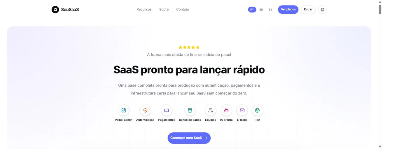 SeuSaaS landing page with product introduction, navigation, and icons for the platform's core capabilities.