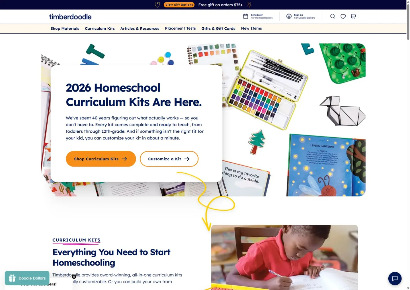 Timberdoodle storefront homepage with curriculum kit navigation and a homeschooling materials hero.
