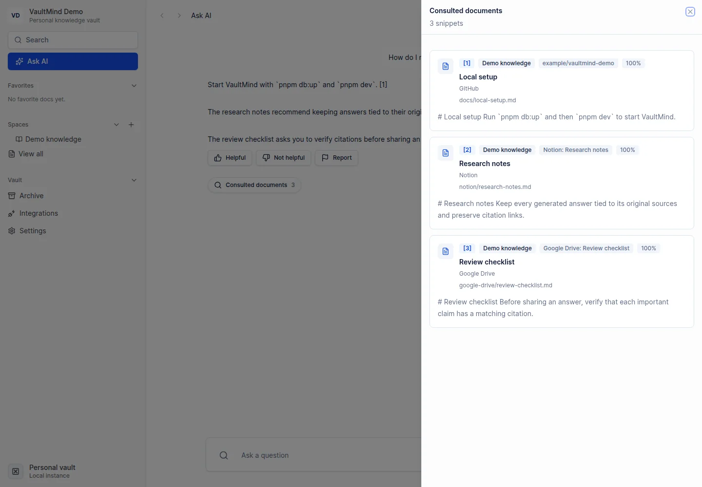 VaultMind Ask AI interface with the consulted-documents panel showing three cited sources from a demonstration workspace.